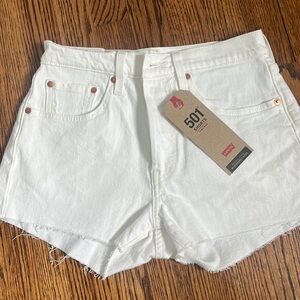 Levi’s 501 high rise button fly white denim shorts, size 26